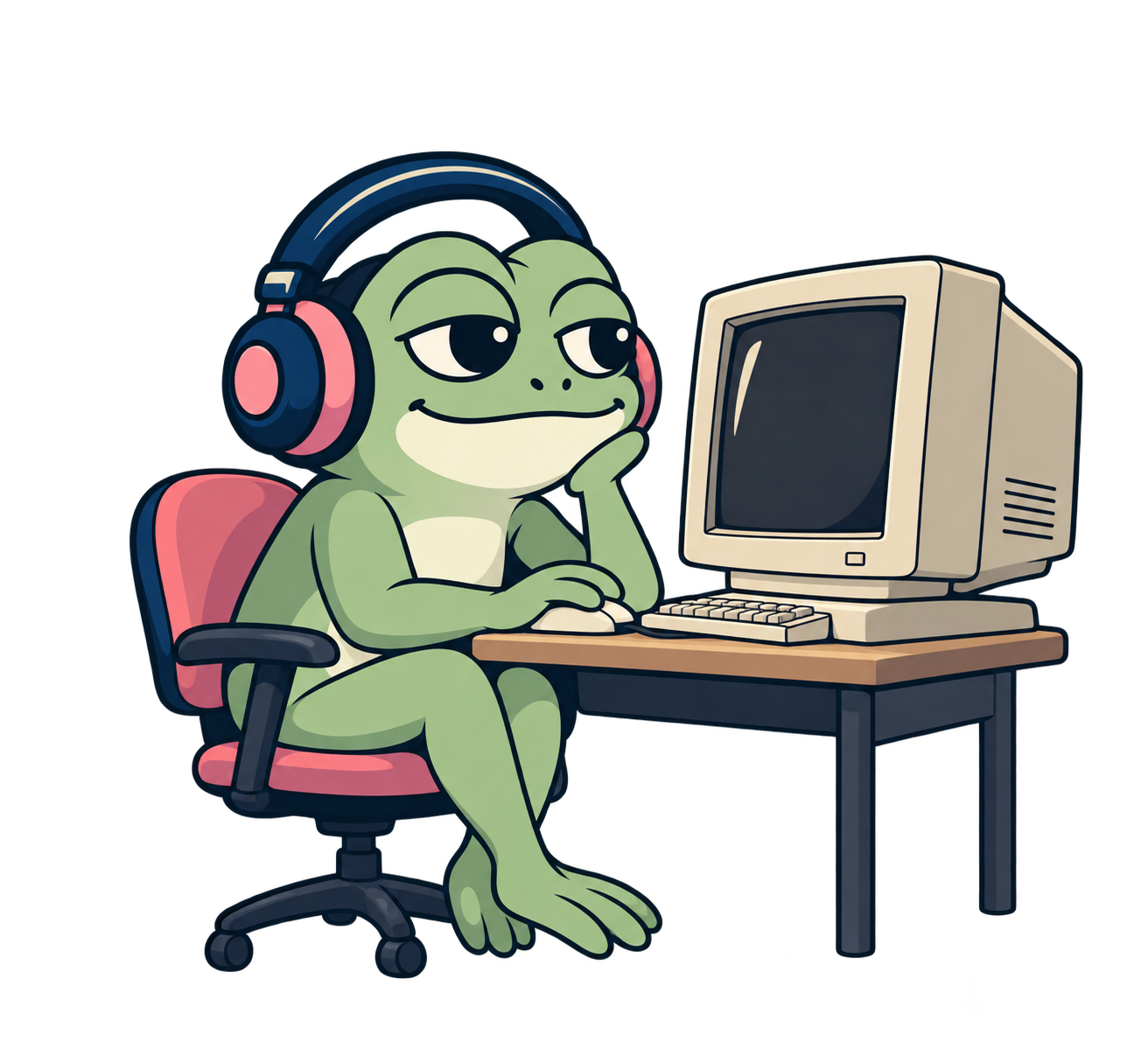 Our headphone-wearing frog settling in at a vintage computer